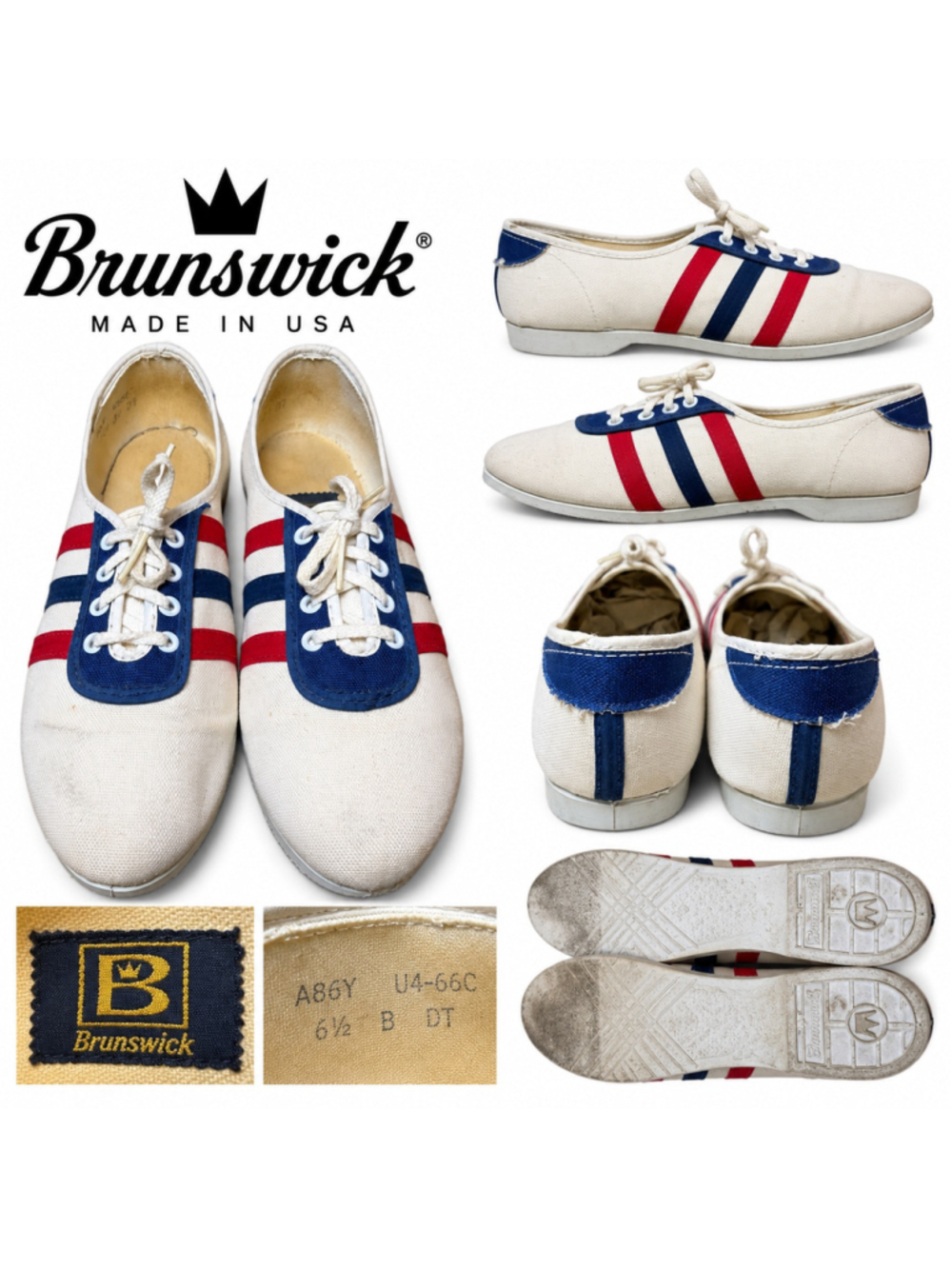 Vintage 70s Brunswick Bowling Shoes Womens 6.5 B Red White Blue Canvas USA